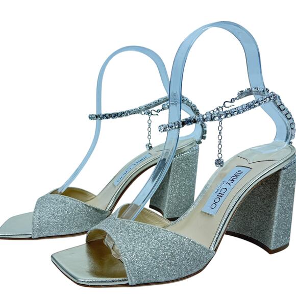 New Jimmy Choo Saeda Block Heel Glitter Crystals Sandals Platinum Size 38 - Picture 3 of 14